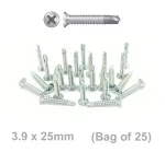 3.9 x 25mm Zinc Steel Self Tapping Screws (Bag of 25 Screws)