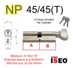 45/45(T) ISEO Euro Profile Cylinder & Turn  - NP - Keyed to Differ