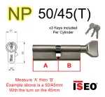 50/45(T) ISEO Euro Profile Cylinder & Turn  - NP - Keyed to Differ