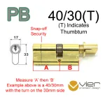 40/30(T) Euro Profile Cylinder & Turn - PB - Keyed Alike