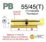 55/45(T) Euro Profile Cylinder & Turn - PB Keyed to Differ