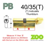 40/35(T) Euro Profile Cylinder & Turn - PB Keyed to Differ