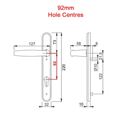 122mm 2 Screw Centres Door Handle. 92mm PZ. Silver Aluminium