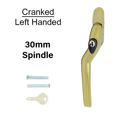 30mm Cranked Espag Window handle Polished Gold - Left Handed