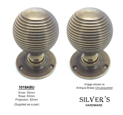 HAND FORGED SOLID Antique Brass Reeded Mortice Knobs 55mm