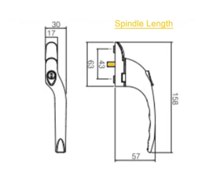 15mm Cranked Espag Window handle Polished Gold - Right Handed