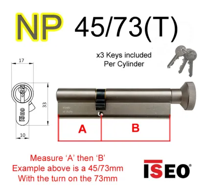 45/73(T) ISEO Euro Profile Cylinder & Turn  - NP - Keyed to Differ