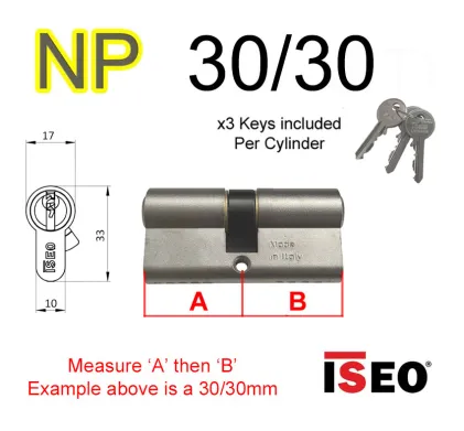 30/30 ISEO Euro Profile Double Cylinder  - NP - Keyed to Differ