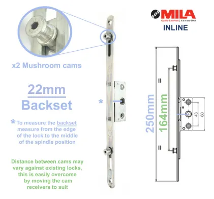 22mm Backset Mila 250mm Inline Espag Window Lock