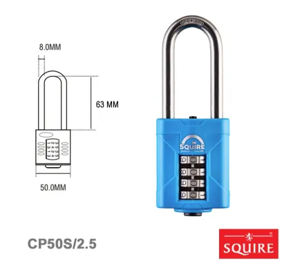 Squire 50mm Long Shackle 4 Wheel Combination Pad Lock Marine Grade