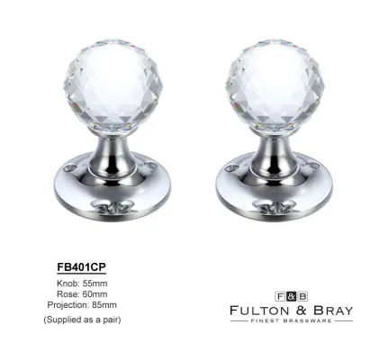 Facetted Glass Ball Mortice Knobs on Pol  Chrome Rose - Clear