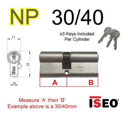 30/40 ISEO Euro Profile Double Cylinder  - NP - Keyed to Differ
