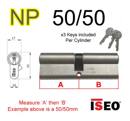 50/50 ISEO Euro Profile Double Cylinder  - NP - Keyed to Differ