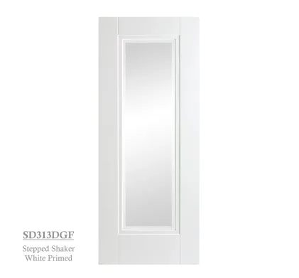 1 Panel White Primed Stepped Shaker Style Door Lined - Glazed Frosted (Clear Border)