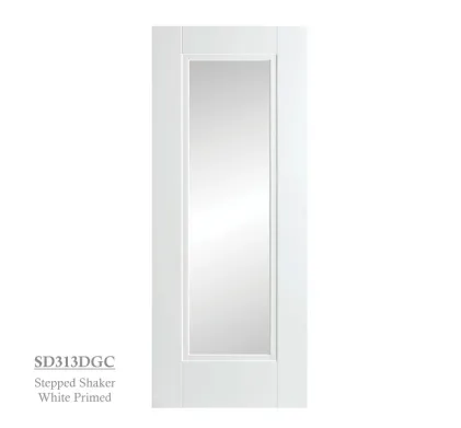 1 Panel White Primed Stepped Shaker Style Door Lined - Glazed Clear