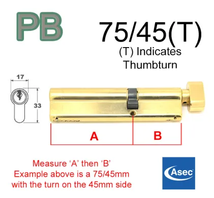 75/45(T) Euro Profile Cylinder & Turn - PB Keyed to Differ - ASEC