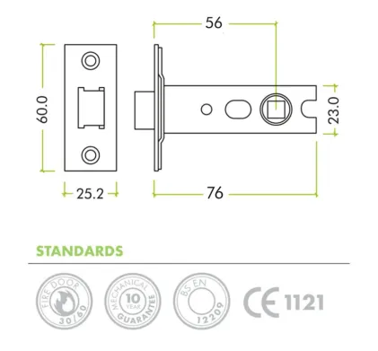 76mm Heavy Duty Tubular Mortice Latch (3") Satin Stainless Steel