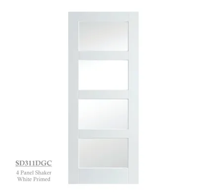 4 Panel White Primed Shaker Style Door - Glazed Clear