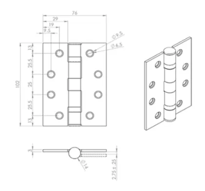 Antique Brass Ball Bearing Hinge 102 x 76mm (4x3") (Sold as a Pair)