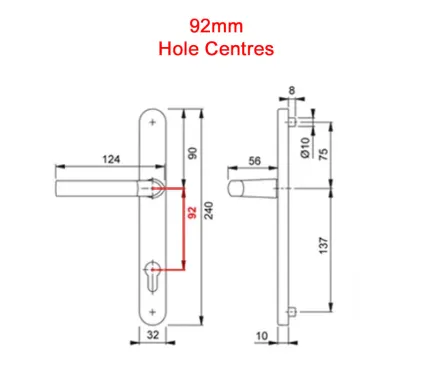 212mm 2 Screw Centres Door Handle. 92mm PZ. Silver Aluminium