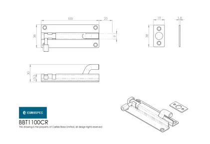 Cranked Barrel Bolt 38 x 100mm Satin Stainless Steel