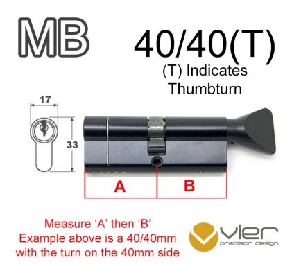 40/40(T) Euro Profile Cylinder & Turn - Black - Keyed to Differ