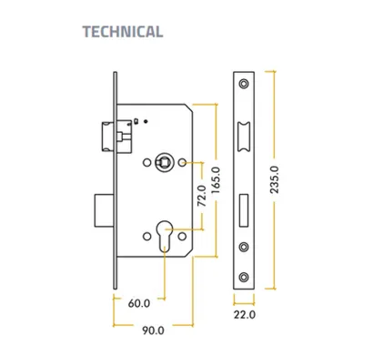 Din Euro Sashlock - 72mm c/c - backset 60mm - Stainless Steel