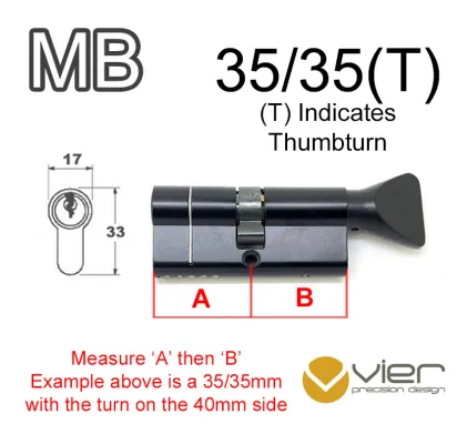 35/35(T) Euro Profile Cylinder & Turn - Black - Keyed to Differ