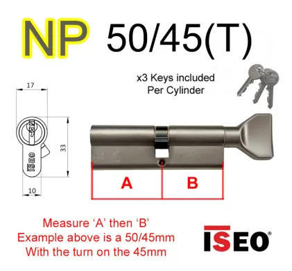 50/45(T) ISEO Euro Profile Cylinder & Turn  - NP - Keyed to Differ