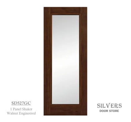 1 Panel Shaker Luxury Laminated Walnut Door 44mm - Glazed Clear