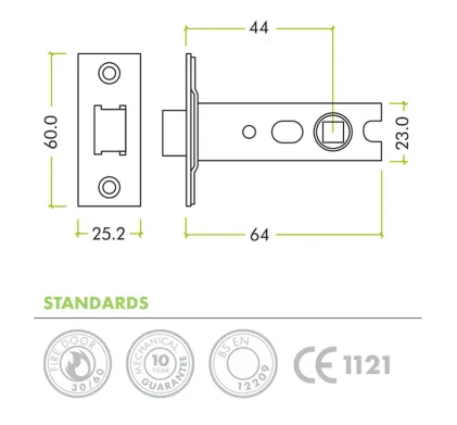 64mm Heavy Duty Tubular Mortice Latch (2 &frac12;") Satin Brass