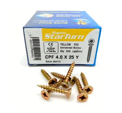 4.0  x 25mm Yellow - Universal Screws - (Box of 200)