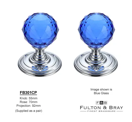 Facetted Glass Ball Mortice Knob on Pol Chrome Rose - Blue