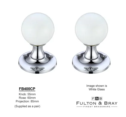 Glass Ball Mortice Door Knobs Polished Chrome Rose - White