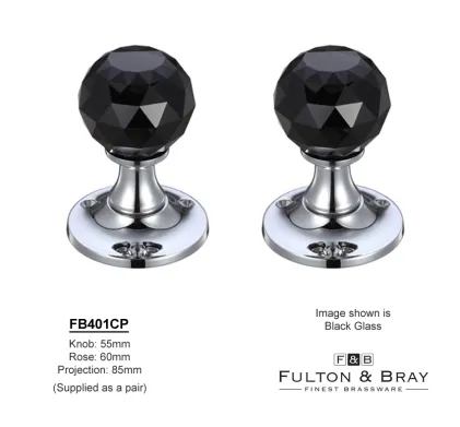 Facetted Glass Ball Mortice Knobs on Pol  Chrome Rose - Black