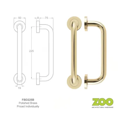 19mm x 225mm Face Fixed Pull Handle Polished Brass