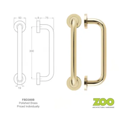 19mm x 300mm Face Fixed Pull Handle Polished Brass