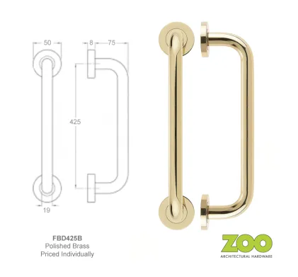 19mm x 425mm Face Fixed Pull Handle Polished Brass