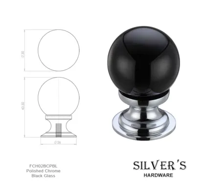 30mm Glass Ball Knob Polished Chrome - Black Glass