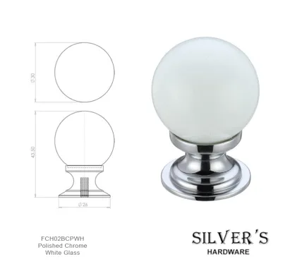 30mm  Glass Ball Knob Polished Chrome - White Glass