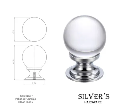 30mm Glass Ball Knob Polished Chrome - Clear Glass