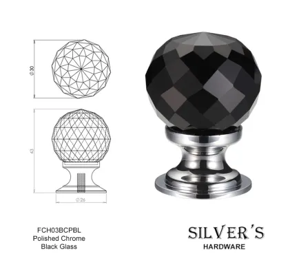 30mm Glass Knob Polished Chrome Black Glass