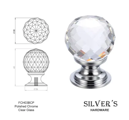 30mm Glass Knob Polished Chrome Clear Glass