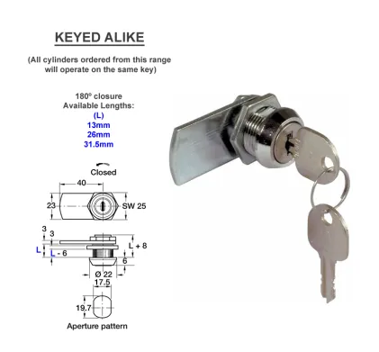 KEYED ALIKE Cylinder cam lock straight cam 180 &deg;