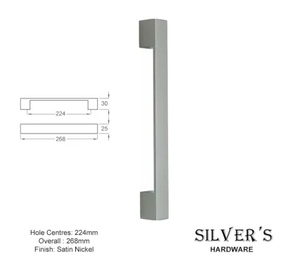 Large Chunky 'D' Cupboard Handle Satin Nickel - 224mm