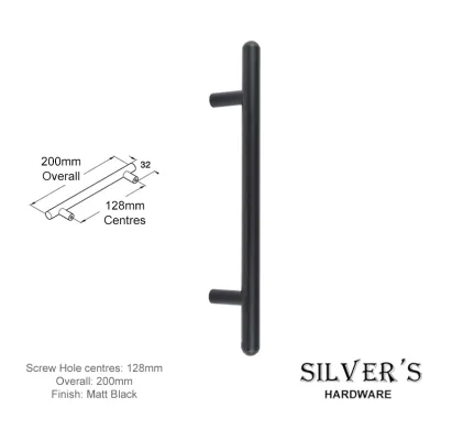 T-Bar Cupboard Handle Rounded End Matt Black - 128mm C/C