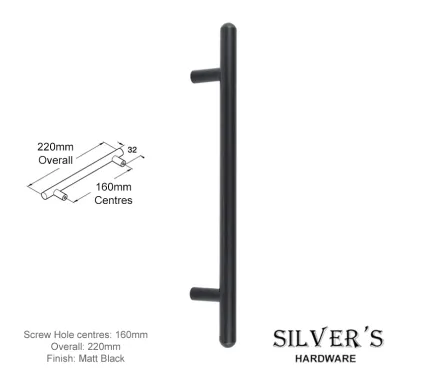 T-Bar Cupboard Handle Rounded End Matt Black - 160mm C/C