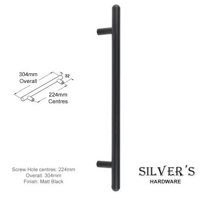 T-Bar Cupboard Handle Rounded End Matt Black - 224mm C/C