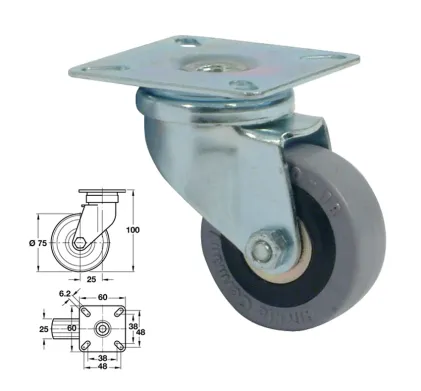 Swivel Castor,   75mm Wheel, Plate Fixing - No Brake