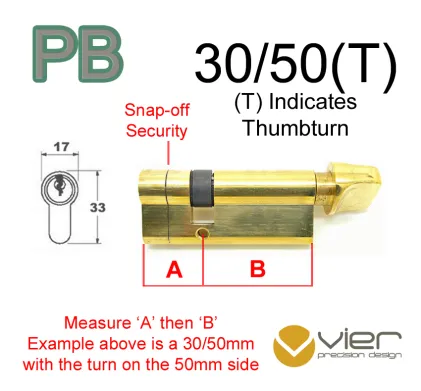 30/50(T) Euro Profile Cylinder & Turn - PB - Keyed Alike